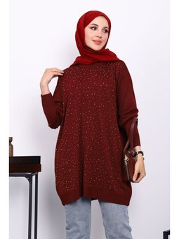 Bordo Bisiklet Yaka Taş İşlemeli Tunik