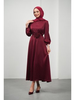 Bordo Çiçek Kemerli Taşlı Saten Abiye Elbise