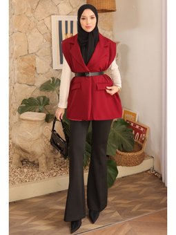 Bordo Omuzu Dik Vatkalı Kemerli Astarlı Yelek