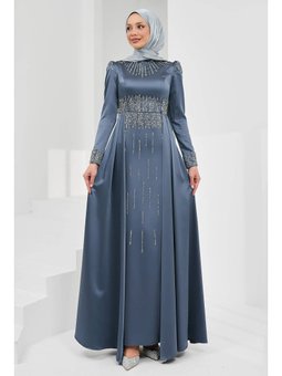 Füme Önü Taşlı Saten Abiye Elbise