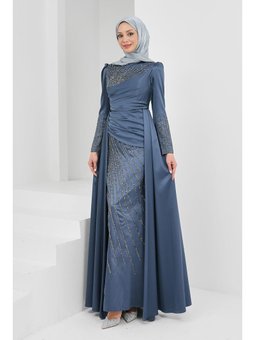 Füme Önü Taşlı Saten Abiye Elbise