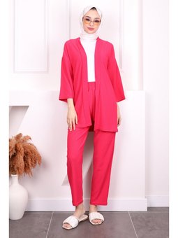 Fuşya Bürümcük Kimono Pantolon Takım