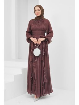 Gül Kurusu Önü Drapeli Kol Bağlamalı Abiye Elbise