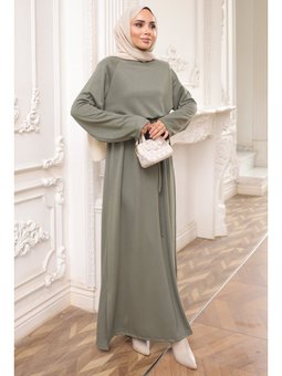 Haki Bisiklet Yaka Bel Kuşaklı Elbise