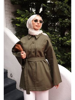 Haki Çıçıtlı Cepli Oversize Gabardin Gömlek