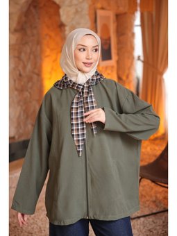 Haki Ekose Bağlamalı Kapüşonlu Ceket