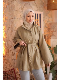 Haki Kuşaklı Düğmeli Gabardin Trençkot