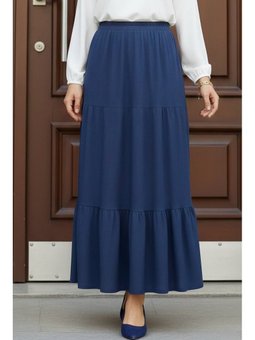 İndigo Eteği Katlı Bel Lastikli Bürümcük Etek