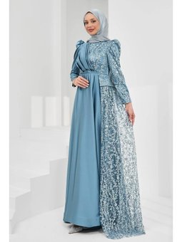 İndigo Önü Drapeli Pul Payetli Saten Abiye Elbise