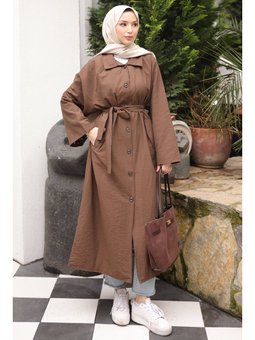 Kahverengi Cepli Kuşaklı Oversize Trençkot