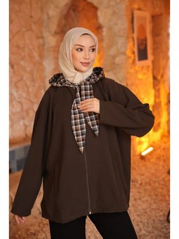 Kahverengi Ekose Bağlamalı Kapüşonlu Ceket