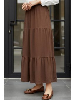 Kahverengi Eteği Katlı Bel Lastikli Bürümcük Etek