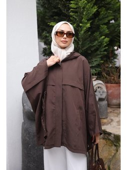Kahverengi Kapüşonlu Fermuarlı Oversize Panço