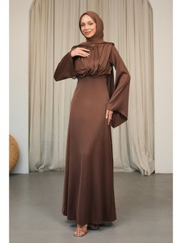 Kahverengi Omuzları Vatkatlı Saten Abiye Elbise