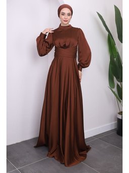 Kahverengi Ön Bağlamlı Saten Abiye Elbise
