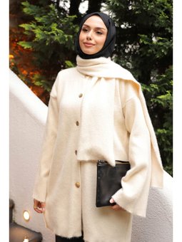 Krem Atkı Detaylı Angora Yumoş Triko Hırka