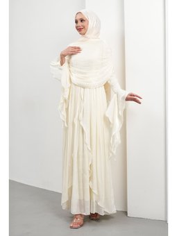 Krem Seyyar Pelerinli Fırfırlı Abiye Elbise