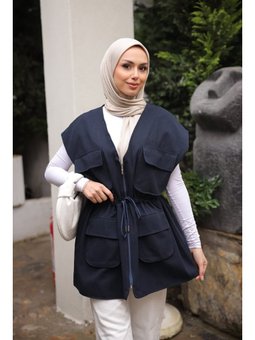 Lacivert Bel Bağlamalı Cepli Astarlı Gabardin Yelek