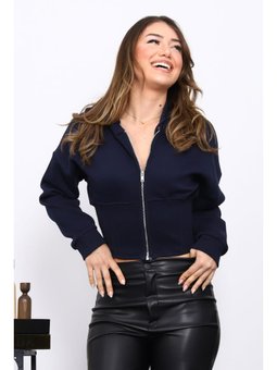 Lacivert Bel Korseli Üç İplik Fermuarlı Sweat Hırka