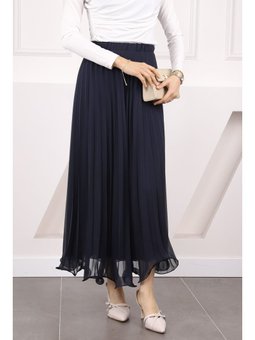 Lacivert Bel Lastikli Piliseli Şifon Etek