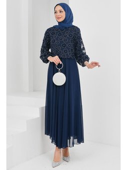 Lacivert Boncuk İşlemeli Abiye Elbise