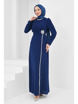 Lacivert Drapeli Taş Detaylı Abiye Elbise