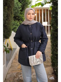 Lacivert Kapitone Desenli Astarlı Çıtçıtlı Ceket