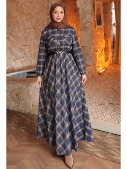 Lacivert Kemerli Ekose Desenli Düğmeli Elbise