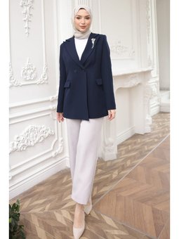 Lacivert Kravuze Yaka Broş Detaylı Astarlı Ceket