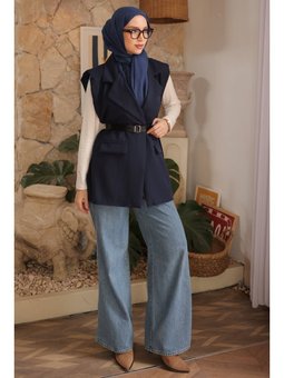 Lacivert Omuzu Dik Vatkalı Kemerli Astarlı Yelek