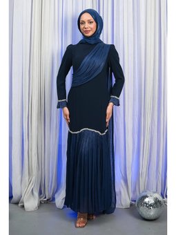 Lacivert Önü Drapeli Taşlı Tasarım Abiye Elbise