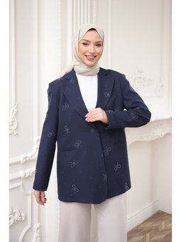 Lacivert Taş Detaylı Astarlı Ceket