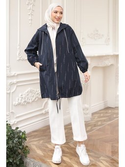 Lacivert Taş İşlemeli Fermuarlı Trençkot