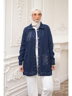 Lacivert Taşlı Cepli Kot Ceket