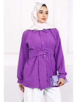 Mor Kuşak Detaylı Bürümcük Gömlek