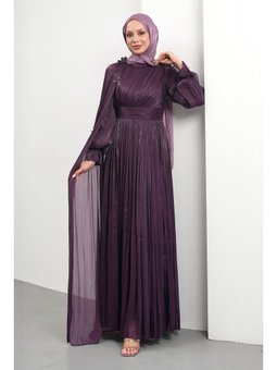 Mor Pelerin Detaylı Piliseli Abiye Elbise