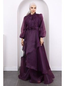 Mürdüm Balon Kol Katlı Abiye Elbise