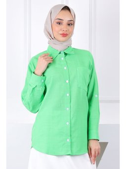 Neon Yeşili Kolu Katlı Düğmeli Keten Gömlek