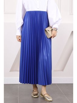 Saks Mavisi Mavi Bel Lastikli Piliseli Etek