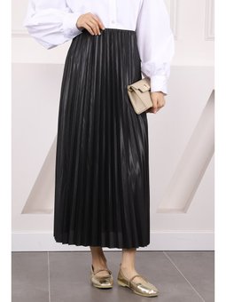 Siyah Bel Lastikli Piliseli Etek