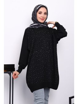 Siyah Bisiklet Yaka Taş İşlemeli Tunik