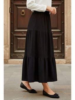Siyah Eteği Katlı Bel Lastikli Bürümcük Etek