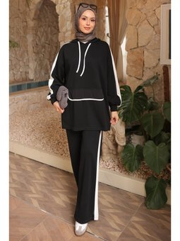 Siyah Kapüşonlu Renk Bloklu Tunik Pantolonlu Takım