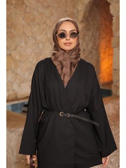 Siyah Kemerli Kruvaze Yaka Salaş Ceket