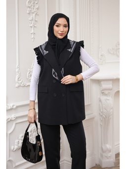 Siyah Kravuze Yaka Fular Detaylı Yelek