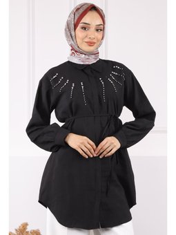 Siyah Önü Taşlı Modal Tunik