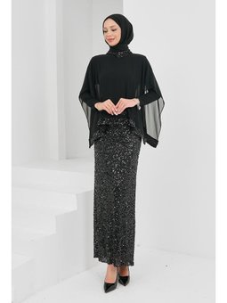 Siyah Pul Payetli Üstü Şifon Detaylı Abiye Elbise