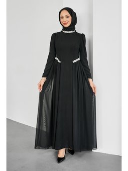 Siyah Yaka Ve Bel Taşlı Kuyruklu Abiye Elbise