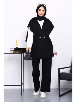 Siyah Yelekli Tunik Pantolon Üçlü Takım