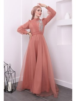 Somon Ön Detaylı Taşlı Tül Abiye Elbise